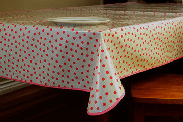 Pink Polka Oilcloth Tablecloth 84" x 47"