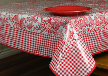 Red Toile And Red Gingham Oilcloth Tablecloth 84" x 56"