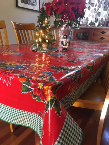 Red Vintage Christmas and Green Gingham Oilcloth Tablecloth - 84" x 56"