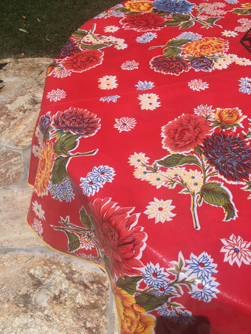 Round Red Mums Oilcloth Tablecloths