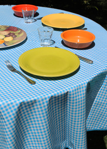 Round Light Blue Gingham Oilcloth Tablecloth
