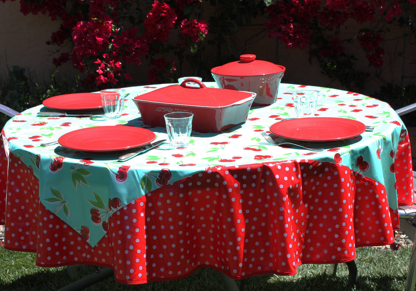 Round Turquoise Cherry with White on Red Polka Borders Oilcloth Tablecloth