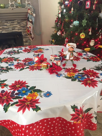 Round White Vintage Christmas Oilcloth Tablecloths with White on Red Polka Borders