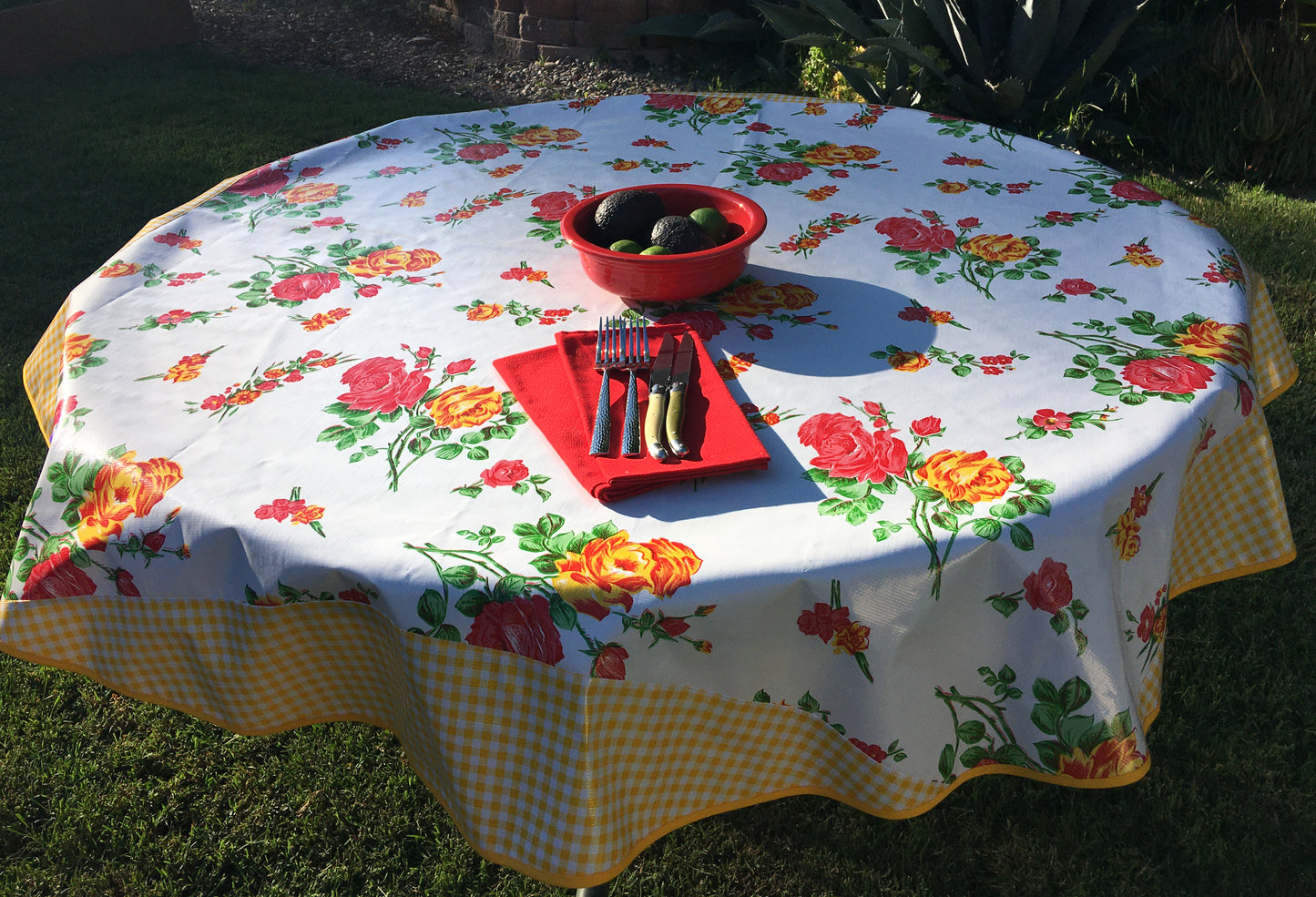 Round White Rose with Yellow Gingham Borders Oilcloth Tablecloths