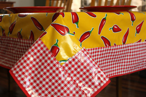 Yellow Chilies And Gingham Oilcloth Tablecloth 84" x 56"