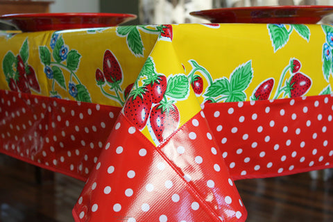 Yellow Strawberry And Polka Oilcloth Tablecloth 84" x 56"