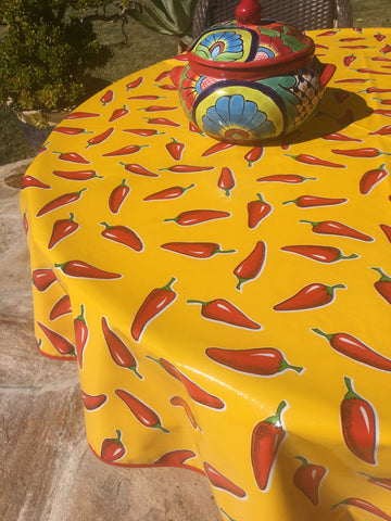 Red on Yellow Chili Oilcloth Tablecloth - Round