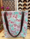 Reversible Oilcloth Totebag - Seafoam Cherry Blossom with Pink Polka Dots - Two Sizes