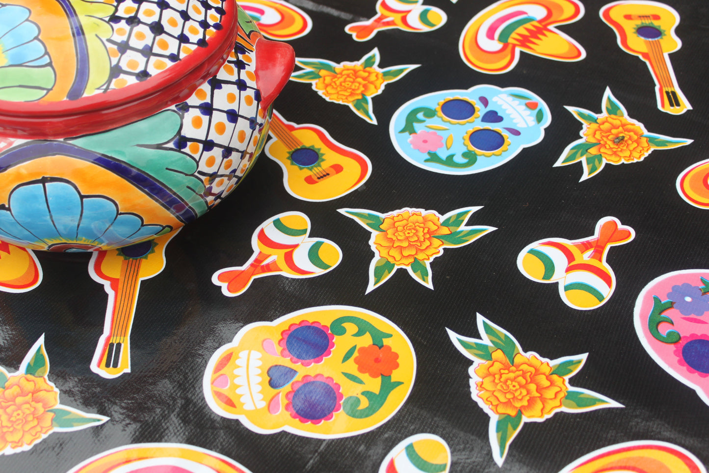 Black Skulls and Polka Oilcloth Tablecloth 84” x 56”