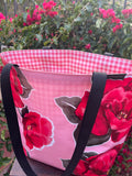 Reversible Oilcloth Totebag - Pink Magenta Blossom with Black Gingham - Two Sizes