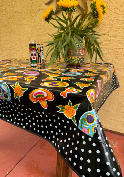 Black Skulls and Polka Oilcloth Tablecloth 84” x 56”
