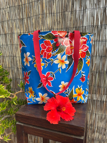 Reversible Oilcloth Totebag - Blue Hibiscus with White on Red Polka - Two Sizes