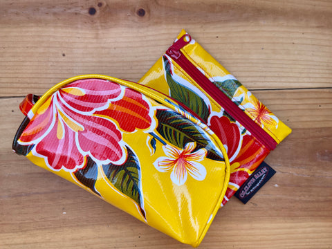 Yellow Hibiscius Oilcloth Combination  Set - Mini Cosmetic Bag & Small Pouch