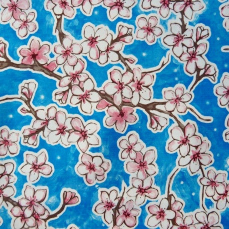 Blue Cherry Blossom Oilcloth Fabric