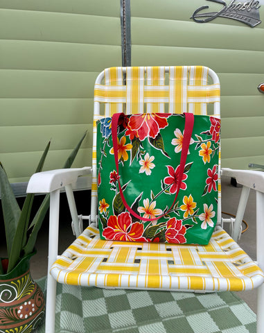 Reversible Oilcloth Totebag - Green Hibiscus with White on Red Polka