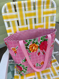 Reversible Oilcloth Totebag - Pink Roses with Pink Gingham - Two Sizes