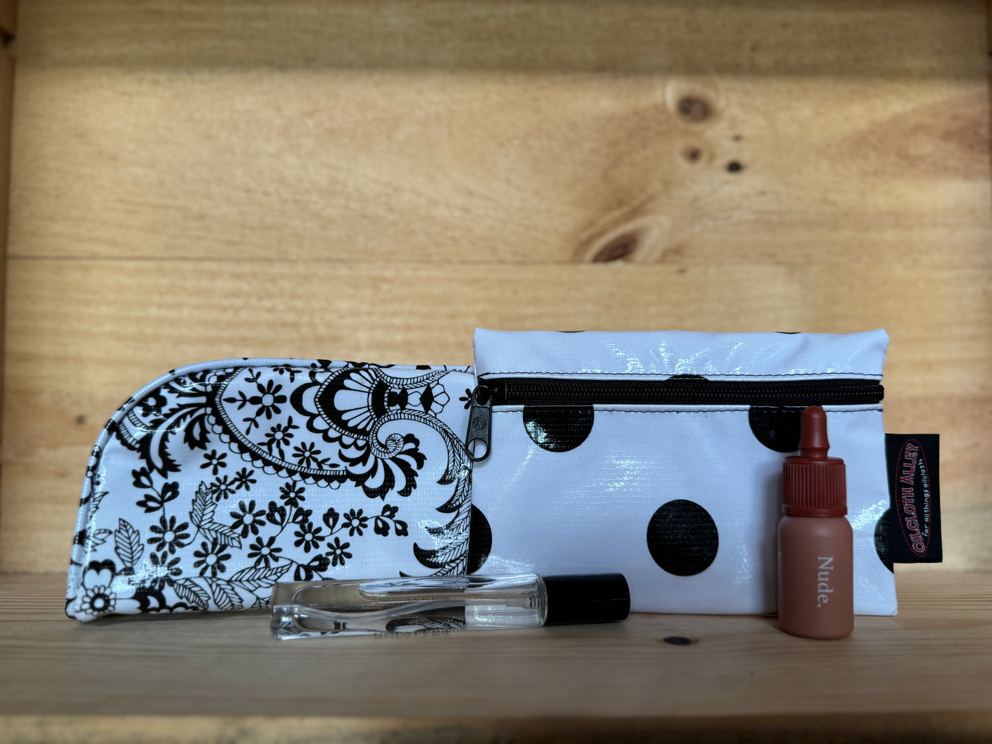 Black and White Toile Oilcloth with Confetti Combination  Set - Mini Cosmetic Bag & Small Pouch