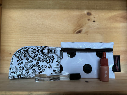 Black and White Toile Oilcloth with Confetti Combination  Set - Mini Cosmetic Bag & Small Pouch