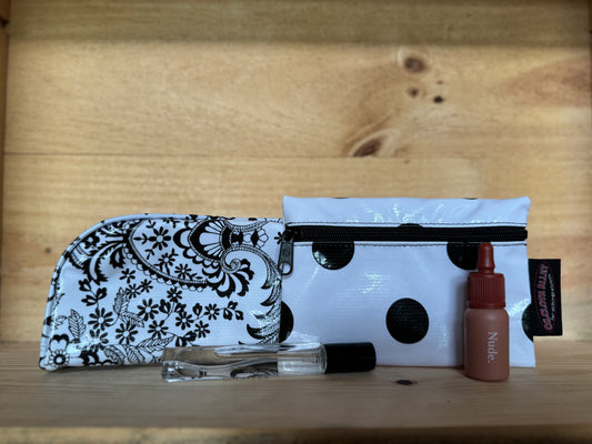Black and White Toile Oilcloth with Confetti Combination  Set - Mini Cosmetic Bag & Small Pouch