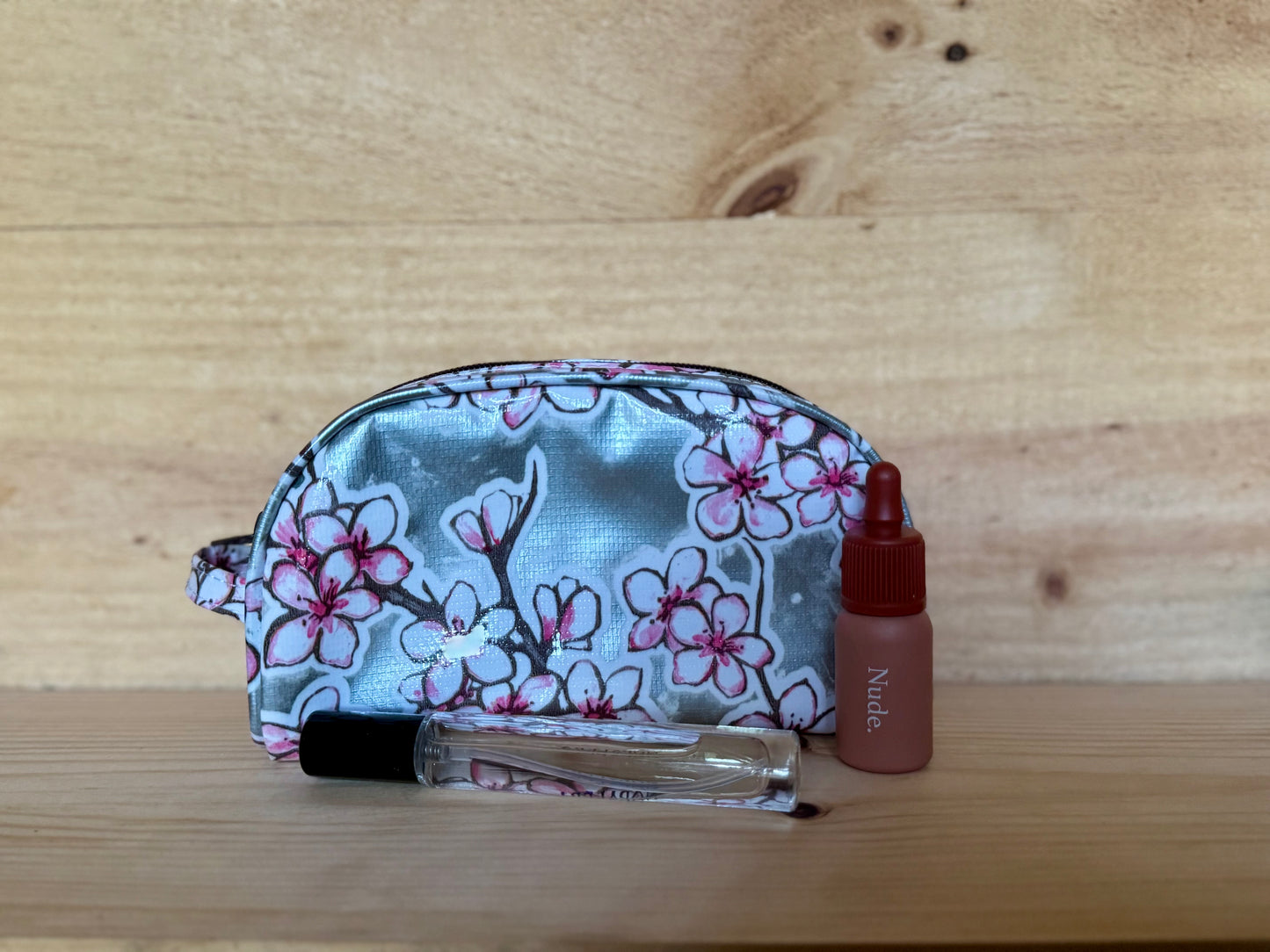 Silver Cherry Blossom Oilcloth Combination Set - Mini Cosmetic Bag & Small Pouch