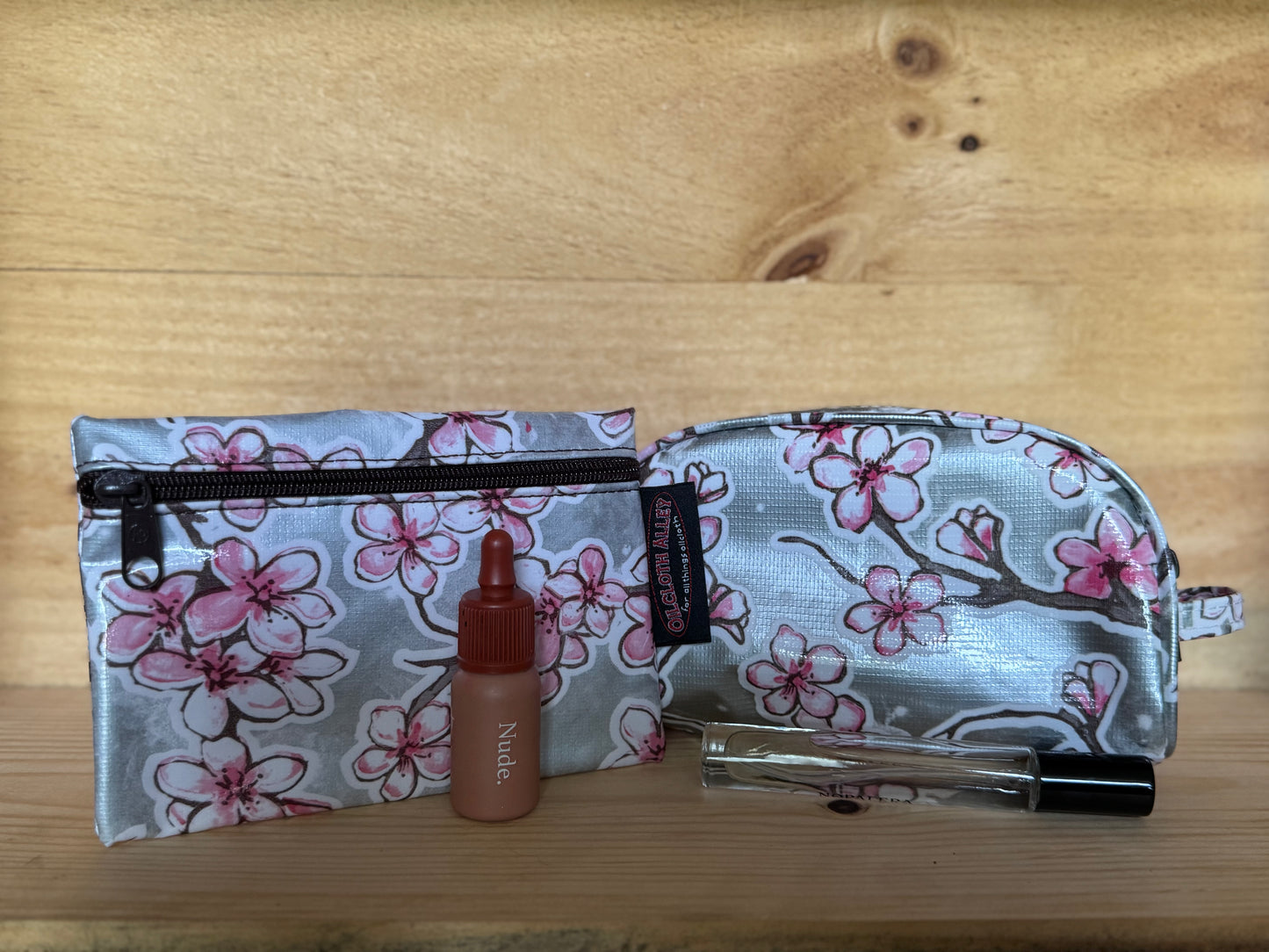 Silver Cherry Blossom Oilcloth Combination Set - Mini Cosmetic Bag & Small Pouch