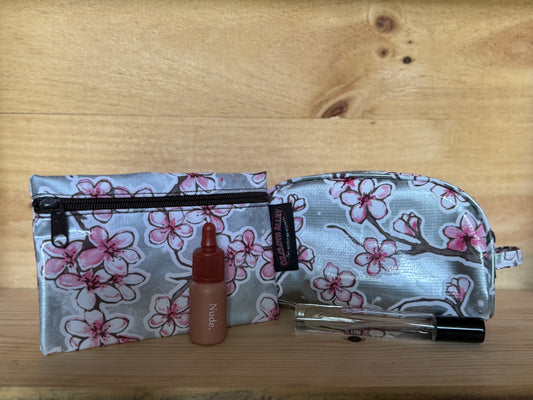 Silver Cherry Blossom Oilcloth Combination Set - Mini Cosmetic Bag & Small Pouch
