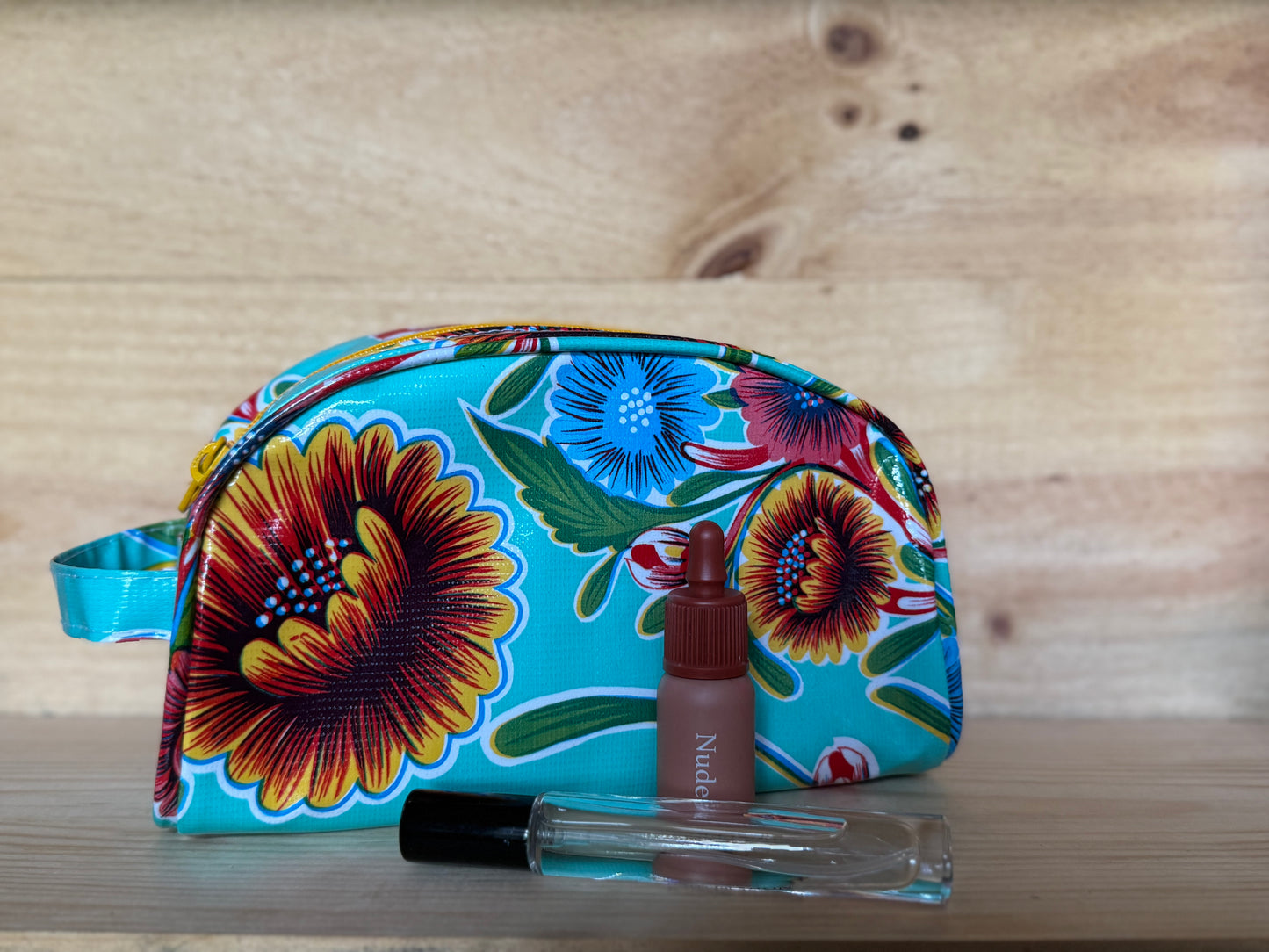 Aqua Spring Bloom Oilcloth Cosmetic Bag- Small