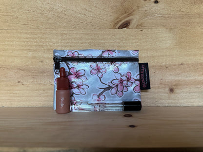 Silver Cherry Blossom Oilcloth Combination Set - Mini Cosmetic Bag & Small Pouch