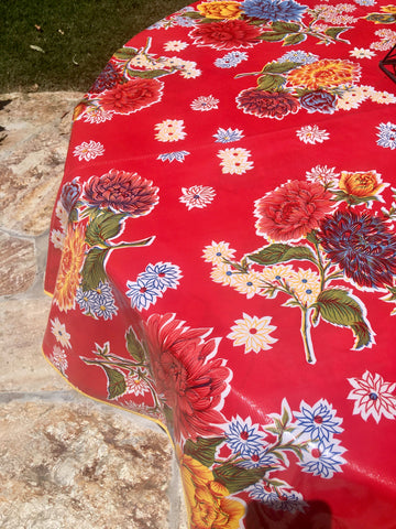 Red Mums Oilcloth Tablecloth - Round