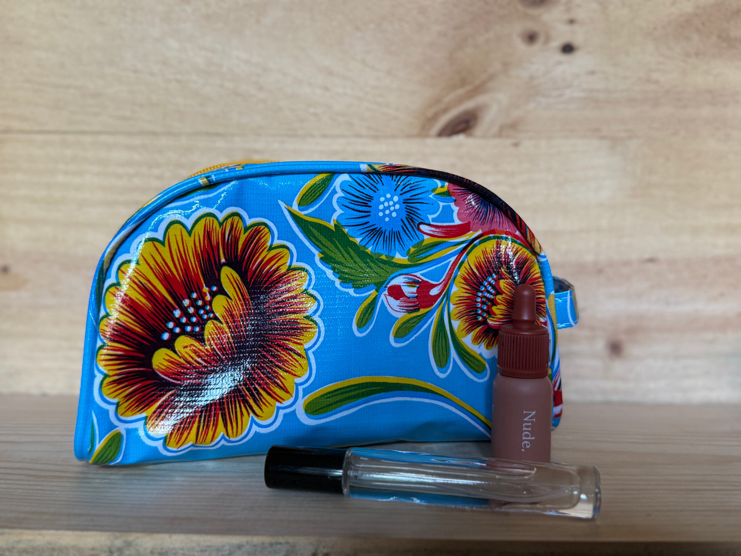 Light Blue Spring Bloom Oilcloth Cosmetic Bag- Small