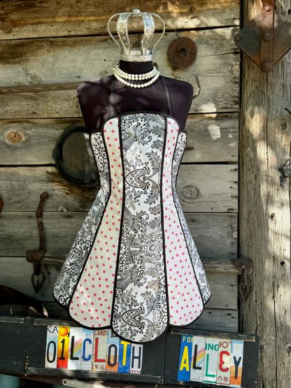 Retro Black Toile and Pink Polka Oilcloth Apron and Glove Set