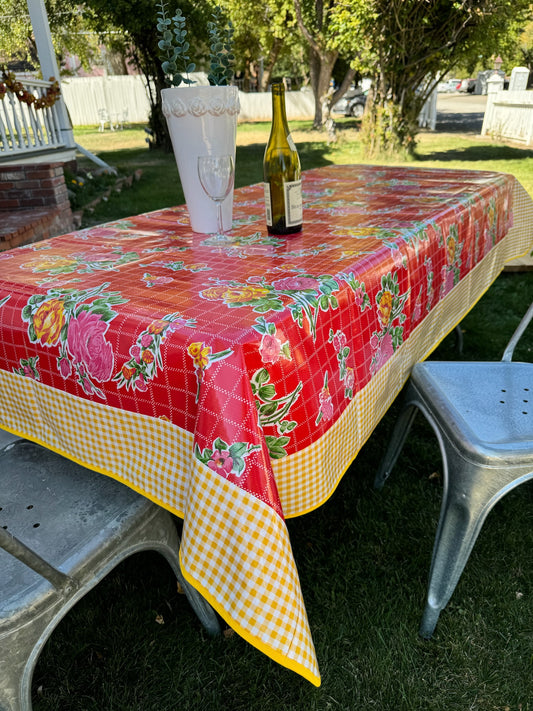 Red Roses and Yellow Gingham Oilcloth Tablecloths - 84" x 56"