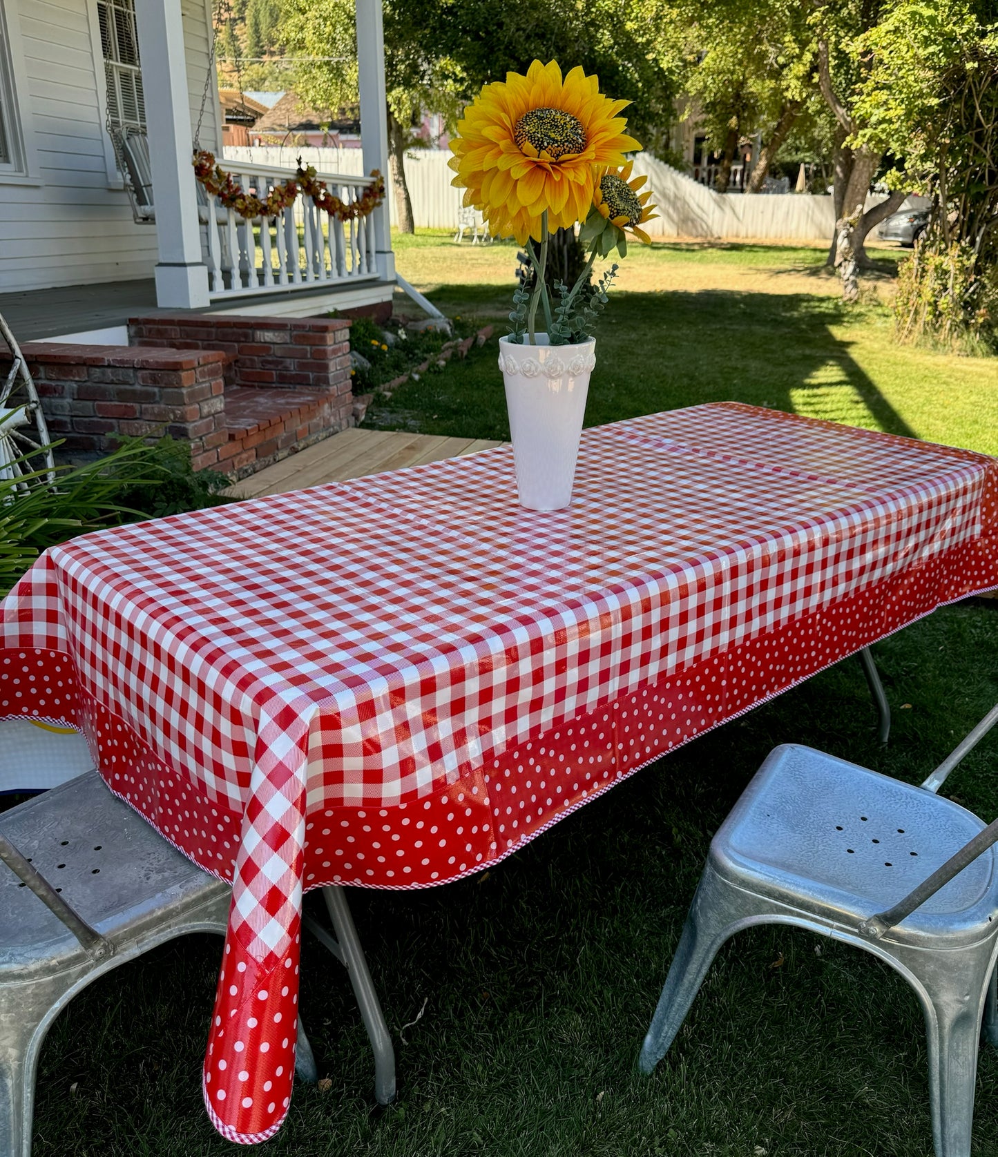 Red Cafe Check with White on Red Polka Dots Oilcloth Tablecloths - 84" x 56"