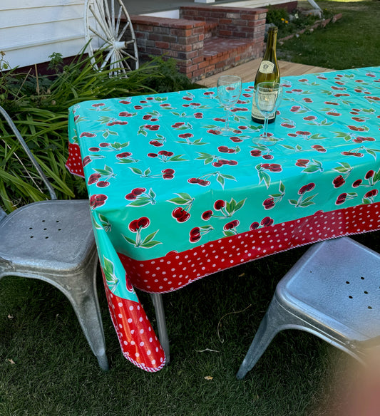 Turquoise Cherry and White on Red Polka Dot Oilcloth Tablecloths - 84" x 56"