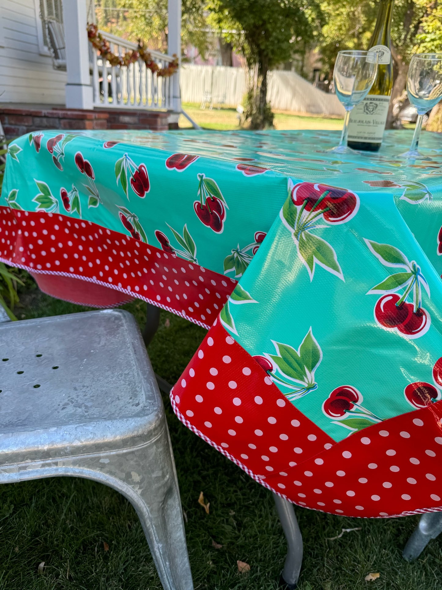 Turquoise Cherry and White on Red Polka Dot Oilcloth Tablecloths - 84" x 56"