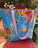 Reversible Oilcloth Totebag - Aqua Roses with Pink Gingham - Two Sizes