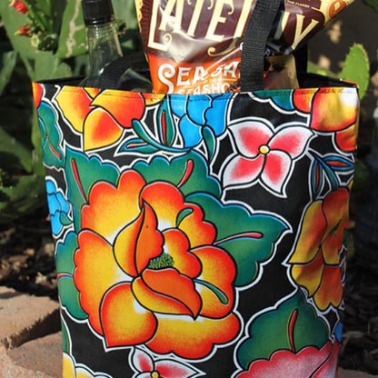 Reversible Oilcloth Totebag - Black Royal Roses with Black Gingham - Two Sizes