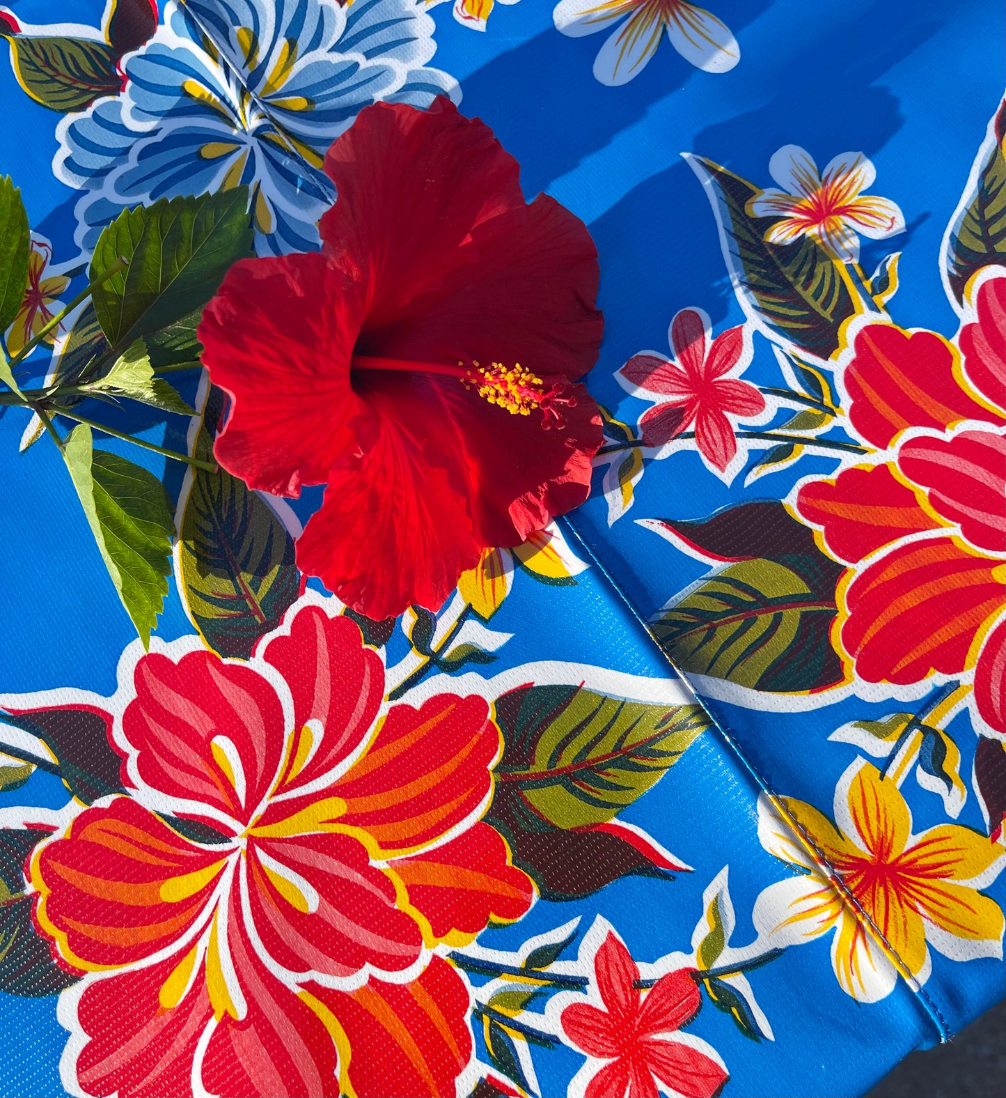 70" x 70" Square Blue Hibiscus Oilcloth Tablecloth