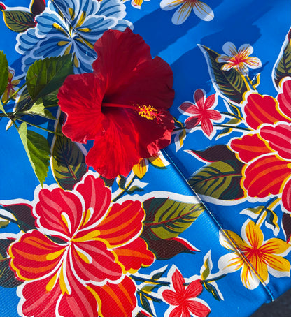70" x 70" Square Blue Hibiscus Oilcloth Tablecloth