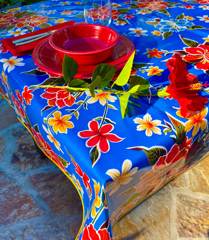60" x 60" Square Blue Hibiscus Oilcloth Tablecloth