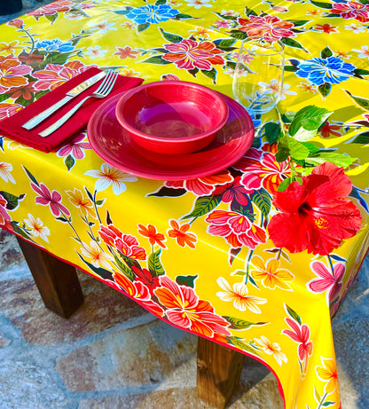 60" x 60" Square Yellow Hibiscus Oilcloth Tablecloth