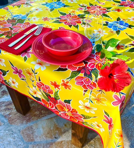 60" x 60" Square Yellow Hibiscus Oilcloth Tablecloth