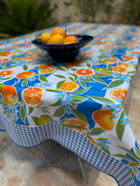 Blue and White Sevilla and Royal Blue Gingham Oilcloth Tablecloths - 84" x 56"