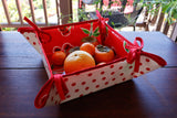 Reversible Oilcloth Basket in Red on White Polka Dot and Red Cherry