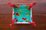 Reversible Oilcloth Basket in Turquoise Cherry and White on Red Polka Dot