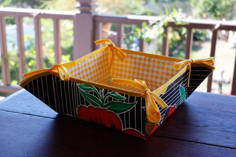Reversible Oilcloth Basket in Black Bold Flower and Stripes and Yellow Gingham