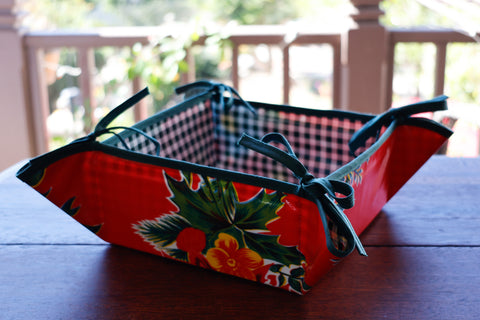 Reversible Oilcloth Basket in Red Vintage Christmas and Green Gingham