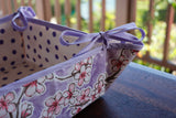 Reversible Oilcloth Basket in Purple Cherry Blossom and Purple on White Polka Dot