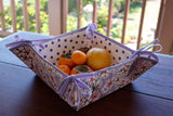 Reversible Oilcloth Basket in Purple Cherry Blossom and Purple on White Polka Dot