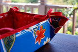 Reversible Oilcloth Basket in Blue Hibiscus and White on Red Polka Dot